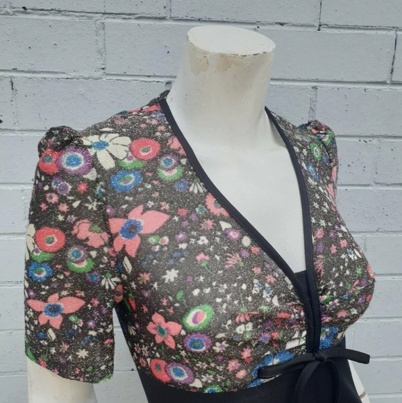 VTG 1970s Lurex Lame Metallic Floral Print Bow Maxi Cocktail Gown Dress Small 8 - Picture 5 of 9